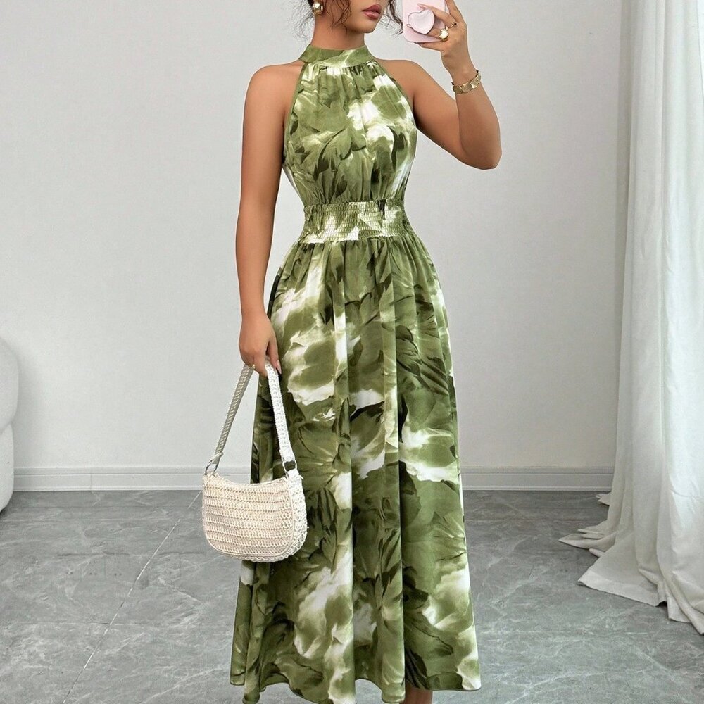 Olive Green Boho Women's Tie Dye Print Sleeveless Halter Waist Tie A-Line Dress